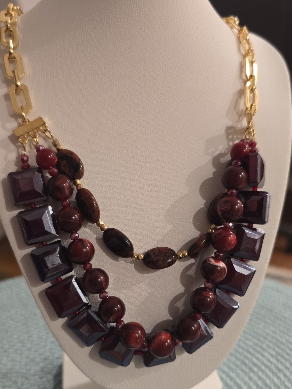 EMBERLY BRAND WOMEN'S FASHION JEWELRY BURGUNDY, BROWN AND GOLDTONE NECKLACE